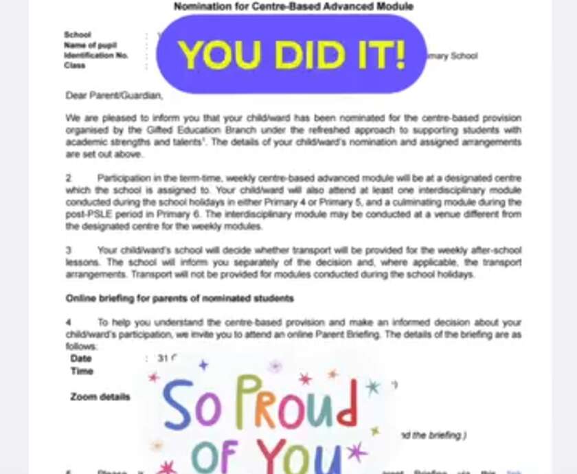 Ministry of Education nomination letter for Kiki's Centre-Based Advanced Module
